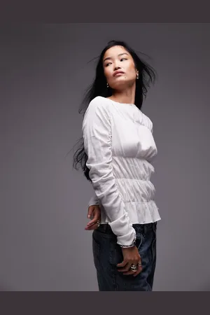Topshop Shirred slash neck top in ivory