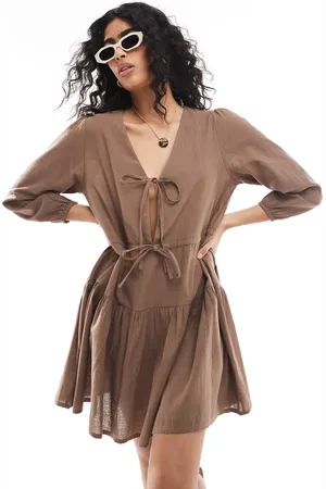 Esmée Esmee Exclusive linen mix long sleeve tiered mini tie front beach dress in