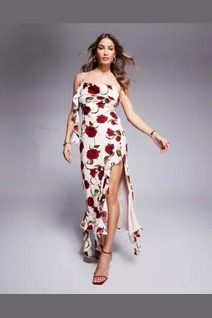 Love Triangle Ruffle maxi dress with open back in rose print