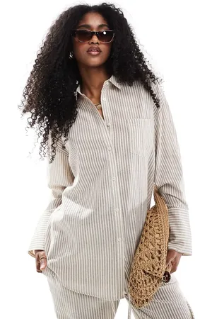 4th & Reckless Lightweight linen look striped shirt in beige - part of a set