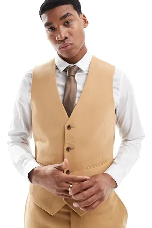 ASOS Slim suit vest with wool in camel basketweave