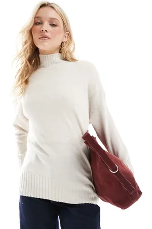 ONLY High neck ribbed longline sweater in cream