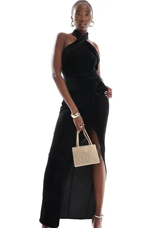 TFNC Velvet halter neck maxi dress with thigh split in