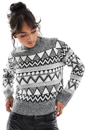 Brave Soul High neck fairisle sweater in , gray and white
