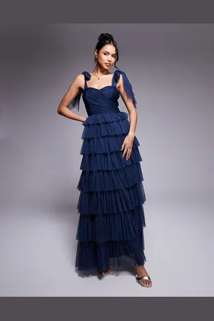 Lace & Beads Bow shoulder ruffle maxi dress in midnight