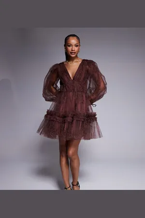 Lace & Beads Balloon sleeve mini dress in animal print