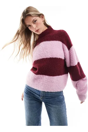 Brave Soul High neck sweater in burgundy and lilac stripe