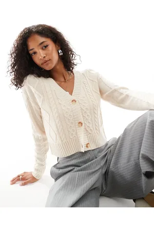 Threadbare Cropped cable knit cardigan in cream