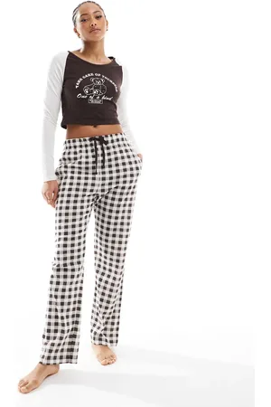 Brave Soul Cropped long sleeve t-shirt and wide leg check pants lounge set in ecru and brown