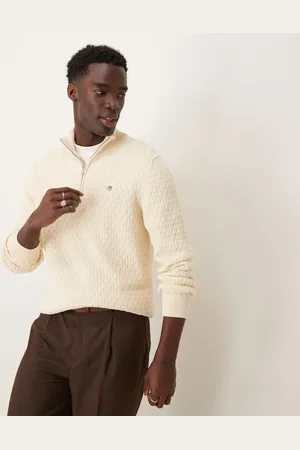 GANT Shield logo cotton textured half zip knit sweater in cream