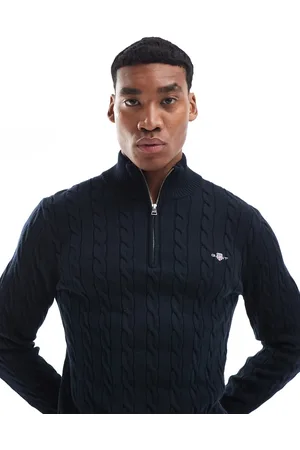 GANT Cotton cable knit half zip sweater with logo in