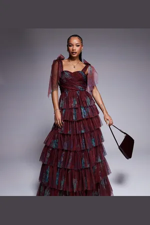 Lace & Beads Tiered ruffle midaxi dress in burgundy floral