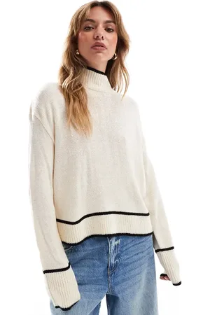 Brave Soul High neck cropped sweater with piping hem detail in cream
