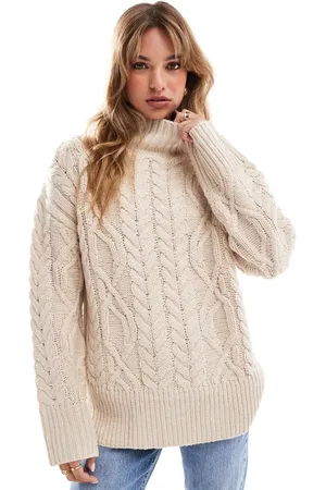 Brave Soul Cable knit turtleneck sweater in stone