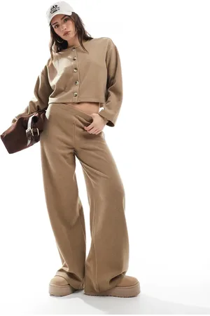 Miss Selfridge Soft ribbed wide leg pants in beige