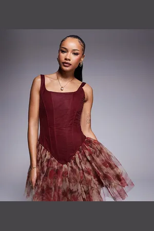 Lace & Beads Drop hem corset mini dress in burgundy rose floral