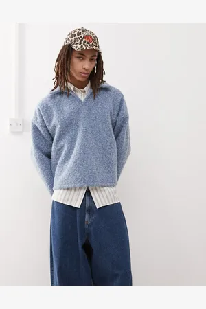 Reclaimed Textured boxy oversized polo sweater in baby blue