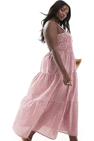 Esmée Esmee Exclusive Curve gingham tiered maxi beach dress in and white