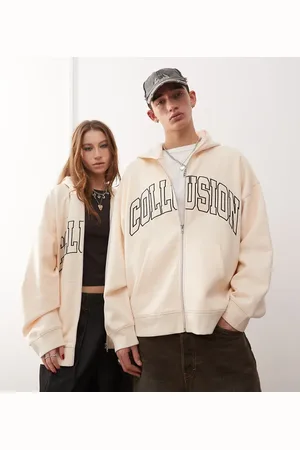 COLLUSION Unisex varsity embroidered zip through hoodie in ecru