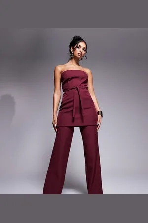 Kaiia Exclusive tailored tie waist wide leg pants in burgundy - part of a set