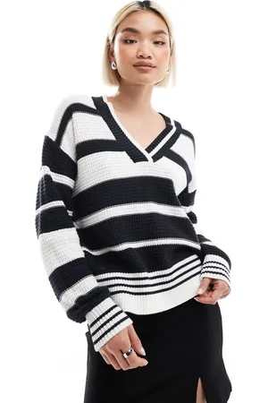 French Connection V-neck striped varsity sweater in white and navy