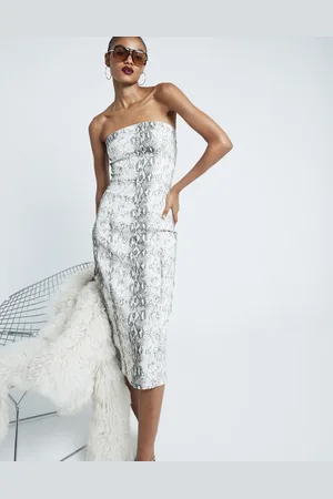 River Island Snake print bandeau denim midi dress in beige