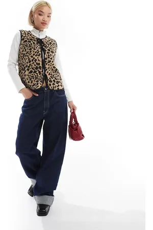 Threadbare Leopard print tie front borg vest in brown