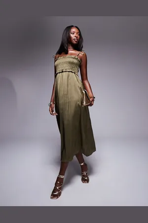 River Island Shirred midi dress in dark khaki