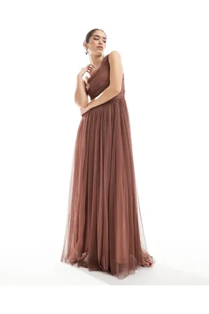 Lace & Beads Bridesmaid one shoulder tulle maxi dress in warm