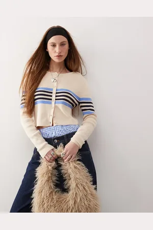 Monki Cropped cardigan in beige with blue stripe