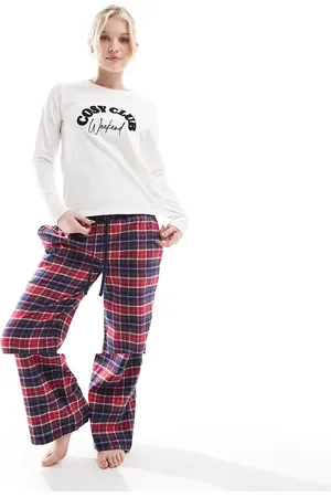 Threadbare Cosy Club long pajamas set with plaid bottoms