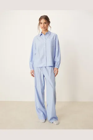 Urban Threads Oversized long sleeve camp collar shirt and pants pajama set in stripe