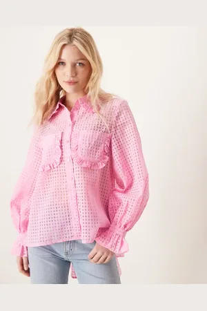 Y.A.S Sheer check ruffle trim detail shirt in light