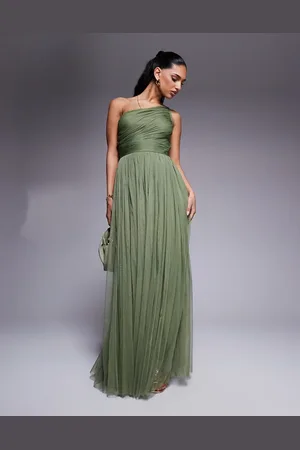 Lace & Beads Bridesmaid one shoulder maxi dress in soft olive
