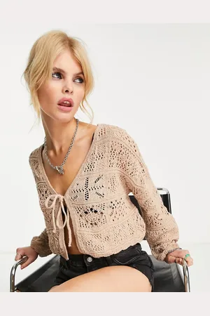 ONLY Crochet tie front cardigan in beige