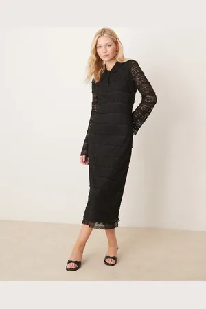 Y.A.S Textured lace polo neck detail midi dress in