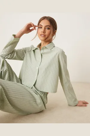 Urban Threads Oversized long sleeve camp collar shirt and pants pajama set in stripe