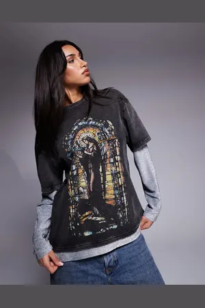 Liquor N Poker Sequin sleeve oversized t-shirt with motif detail top in charcoal