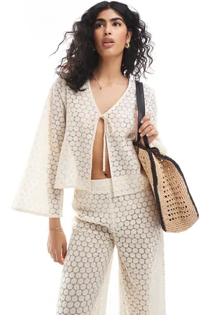 Esmée Esmee Exclusive crochet long sleeve tie front beach shirt in cream - part of a set
