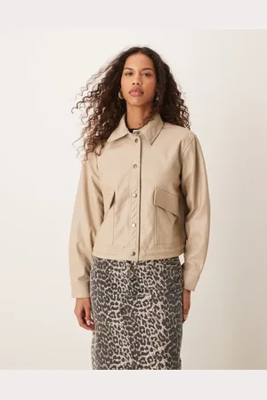JDY Faux leather jacket with collar in beige