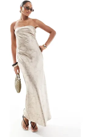 4th & Reckless Satin bandeau maxi dress in beige marble print