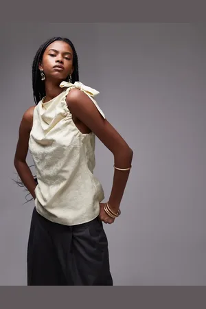 Topshop Jacquard ruched shoulder sleeveless top in buttermilk
