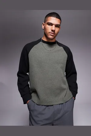 ASOS Oversized boxy waffle contrast raglan T-shirt in khaki and black