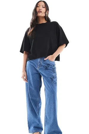Miss Selfridge Embroidered floral baggy jean in wash