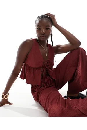 Esmée Esmee Exclusive tie front detail beach crop top in textured cherry - part of a set