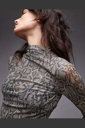 MANGO Mesh long sleeve snake print top in