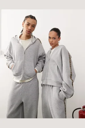 Reclaimed Unisex plaid side stripe hoodie in heather
