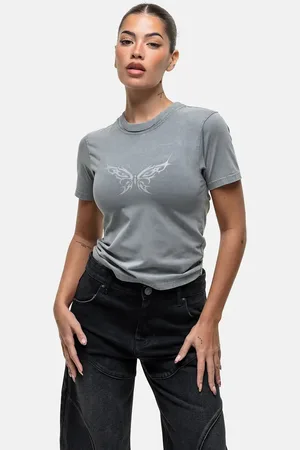 Good For Nothing Baby tee with butterfly grunge print in washed