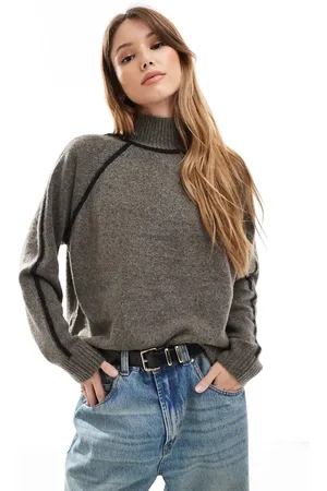 Pieces® High neck sweater with contrast seam detail in