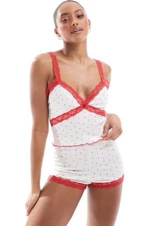 The Frolic Exclusive pointelle red lace trim cami pajama top in heart print - part of a set